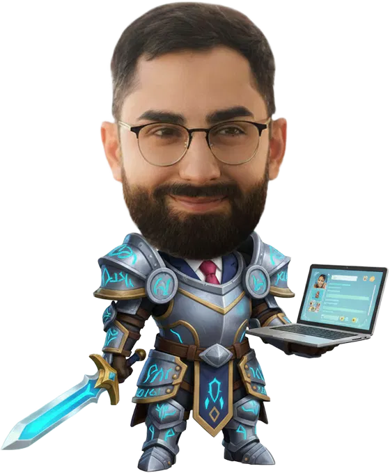 Chibi illustration of the developer in armour, holding a sword and a laptop