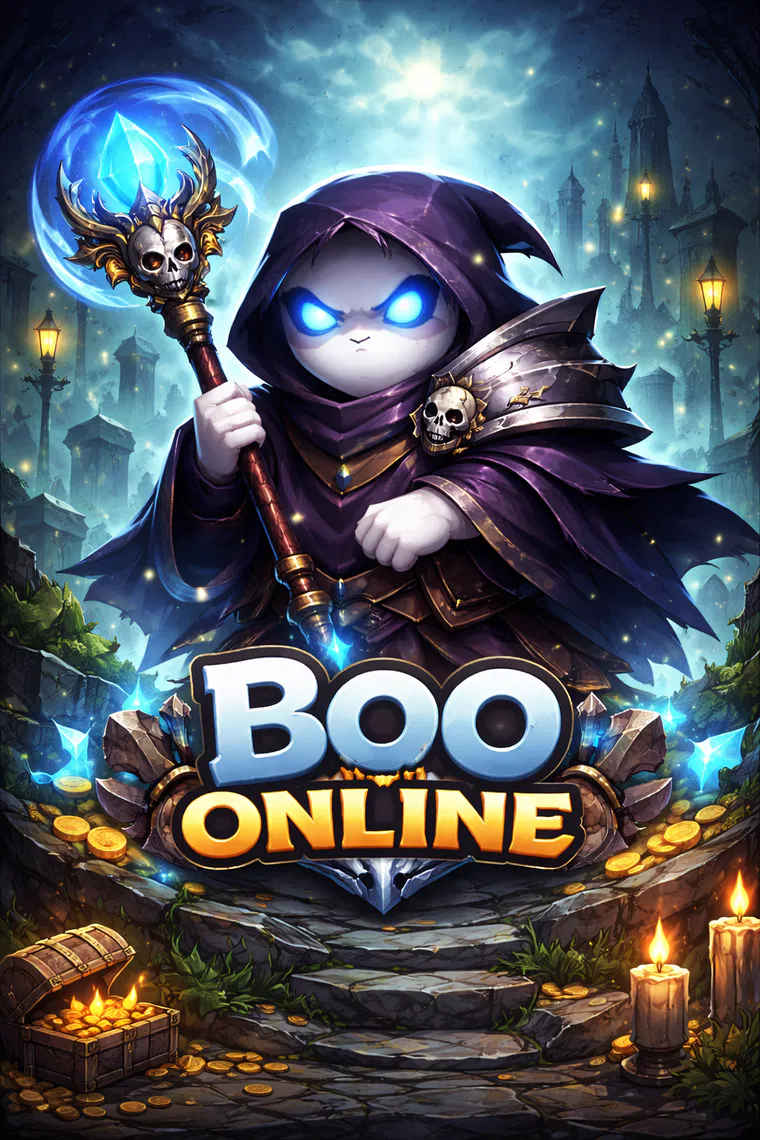 Boo Online key art: a hooded ghost holding a skull staff above the Boo Online logo
